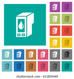 Ink cartridge multi colored flat icons on plain square backgrounds. Included white and darker icon variations for hover or active effects.