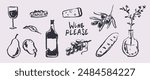 Ink charcoal wine set. Grape, wine bottles and wineglass, cheese, black olives, flowers. Vintage alcoholic beverage vector illustration. Hand drawn engraved vintage sketch for poster, restaurant menu.