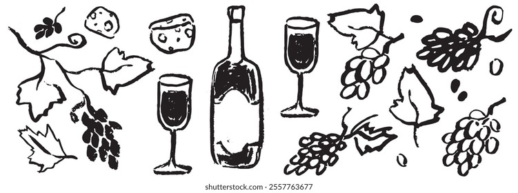 Ink charcoal wine set. Grape, wine bottles and wineglass, cheese, black olives, flowers. Vintage alcoholic beverage vector illustration. Hand drawn engraved vintage sketch for poster, restaurant menu.