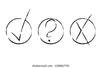 Ink Check Marks Set. Question, Cross, Tick Sings In Round Check Boxes. Black Watercolor Test Marks Vector Design