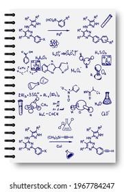 Ink chemistry formulas on a white notebook. Notepad, formulas, shapes, chemistry. The concept of education. The illustrations can be used to return to the school topic, chemistry