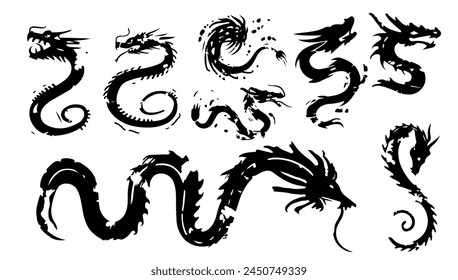 Ink Chinese dragon brushstroke set vector illustration. Art symbol animal tattoo chinese and brushstroke sign. Handwriting silhouette icon tribal element