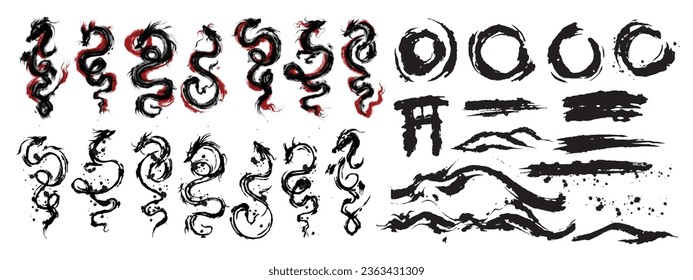 Ink Chinese dragon vector brushstroke set Japanese watercolor tribal tattoo oriental calligraphy kit. Abstract snake silhouette stains, vintage zodiac traditional painting collection. Ink dragon 