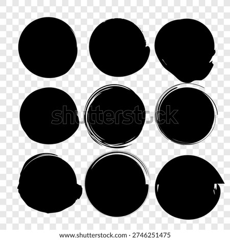 Ink circles set. Black brush Vector. Round blot icons. Artistic textured shapes. Dark liquid splats.