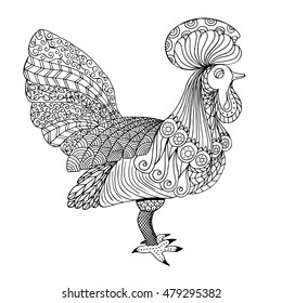 Ink cock vector isolated on white. Coloring page cock. Hand drawn ornamental rooster boho style. Symbol of new year 2017