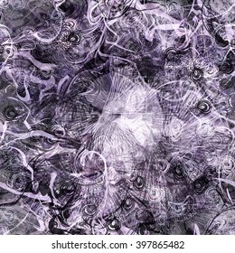 Ink color. Graphically pattern. Seamless vector abstract background. Stylized feathers and leaves, mixed wavy lines randomly. For Boho design