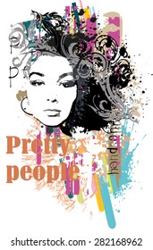 Ink composition with girl and decorative elements