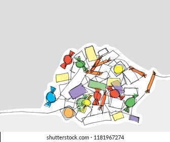 An ink continuous line drawing of Halloween candy in a pile.