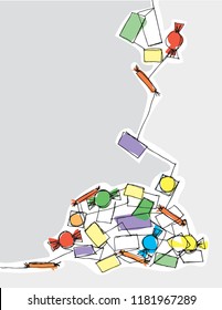 An ink continuous line drawing of Halloween candy pouring into a pile. 