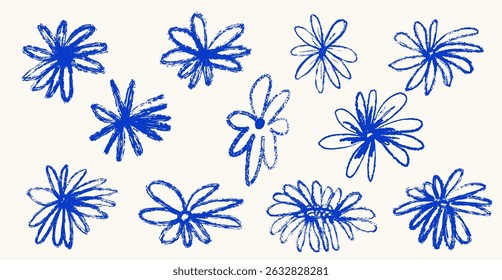 Ink Crayon charcoal flower Marker Gouache hand drawn sketches illustrations. Dry brush stroke simple minimalistic floral doodles isolated on white for cosmetics, kid education.