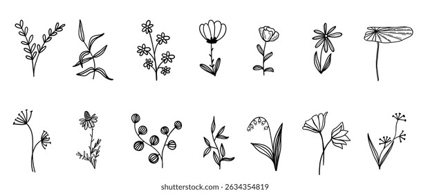 Ink Crayon charcoal flower Marker Gouache hand drawn sketches illustrations. Dry brush stroke simple minimalistic floral doodles isolated on white for cosmetics, kid education.