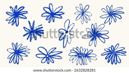 Ink Crayon charcoal flower Marker Gouache hand drawn sketches illustrations. Dry brush stroke simple minimalistic floral doodles isolated on white for cosmetics, kid education.