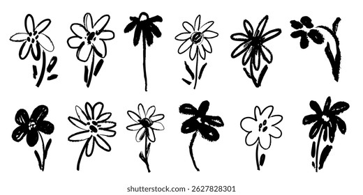 Ink Crayon Marker Gouache flowers hand drawn sketches illustrations. Dry brush stroke simple minimalistic floral doodles isolated on white for cosmetics, kid education.