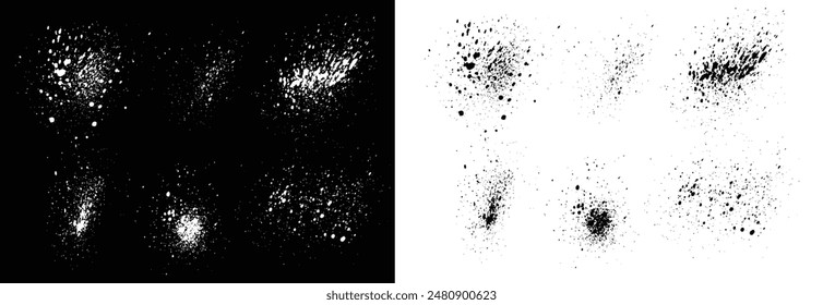 Ink creative grunge brush stroke black and white vector blood splatter illustration background set. Blood spooky collection of vector black and white paint brush stroke crime splash vector texture set