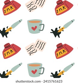 ink and cup of tea, notes background. Vector illustration in cartoon style isolated. writing seamless pattern. 