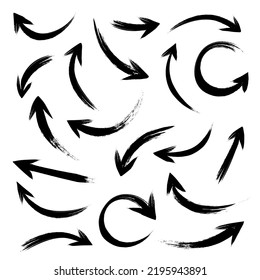 Ink curved arrows collection. Vector hand drawn and sketch arrows with curls, pointing different directions