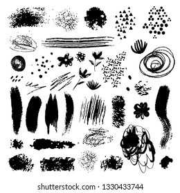 Ink design elements set, textures. Shapes, spots, brush strokes, flowers, lines, dots. Sketch, hand drawn isolated on white background