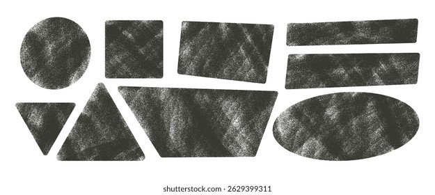 Ink dirty geometric stencil shapes with noise set. Text boxes urban street grainy textured frames pack. Square, rectangles, oval and triangle. Vector hand drawn stickers. Grunge geometric figures.
