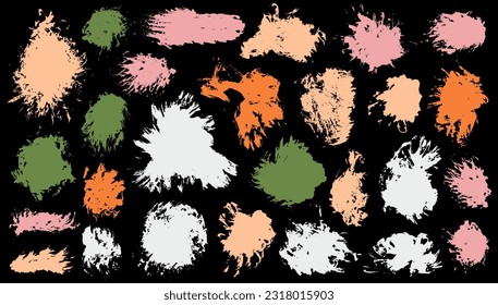 Ink distorted daub vector collection. Freehand smudge blotch sumie shapes. Spill splash textured banner stencil set. Daub acrylic stains drawing.