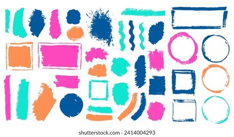 Ink distorted daub vector group. Isolated border box artistic elements. Dab stain textured banner imprint collection. Brush stroke gouache spots design.