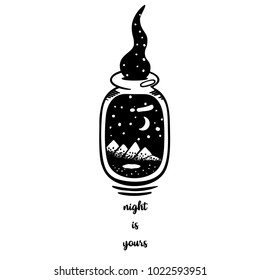 Ink doodle of bottle with starry night sky. Vector illustration isolated on white