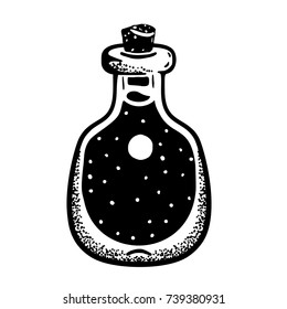 Ink doodle of bottle with starry night sky. Vector illustration isolated on white