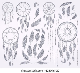 Ink doodle Dream catchers,Vintage dreamcatcher collection.Native american,aztec feathers,Rustic tribal patterned set with decoration isolated elements.Hand drawn sketch,decorative vector illustration.