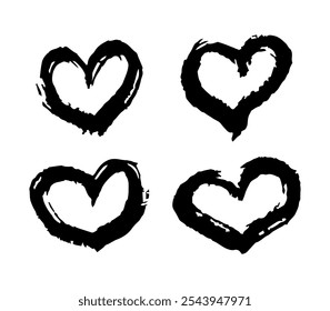 Ink doodle hearts with lettering. Marker hand drawn pencil heart set. Love me, kiss. Charcoal symbol of love. Vector design elements for Valentine Day isolated on white background