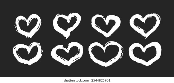 Ink doodle hearts with lettering. Marker hand drawn pencil heart set. Love me, kiss. Charcoal symbol of love. Vector design elements for Valentine Day isolated on black background