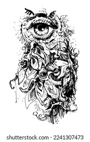 Ink doodle illustration with lines and eye. Magic abstract art. Can be used as desktop background, tattoo or print.