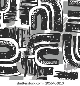 Ink doodle paint brush strokes seamless pattern. Hand drawn curved rough grunge modern design template.  Chaotic blob scribbles decorative texture. 