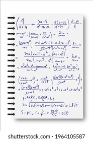 Ink doodles on a white notepad. Notepad, formulas, shapes, geometry. The concept of education. Illustrations can be used to return to the school topic, algebra, natural sciences