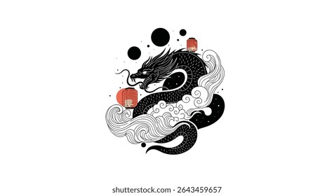 Ink Dragon Amidst Clouds and Bubbles A Mystical Asian Art Inspiration Piece