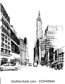 Ink Zeichnung einer Avenue mit Satz Wolkenkratzer in New York auf Vektorgrafik