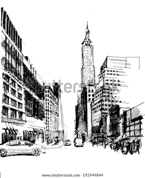 Ink drawing of an Avenue with set of skyscrapers\
in New York in vector