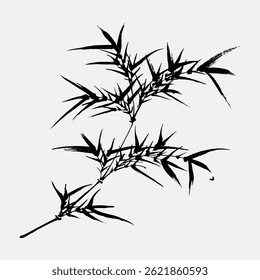 Ink drawing of bamboo leaves on a light background. The bamboo leaves are intricately detailed, showcasing traditional ink art techniques. Bamboo leaves in focus. Vintage illustration vector.