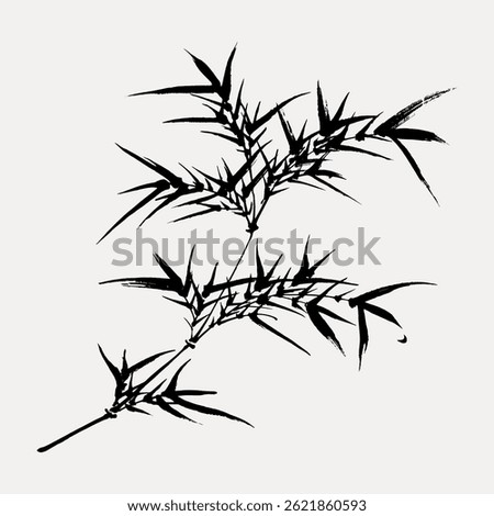 Ink drawing of bamboo leaves on a light background. The bamboo leaves are intricately detailed, showcasing traditional ink art techniques. Bamboo leaves in focus. Vintage illustration vector.