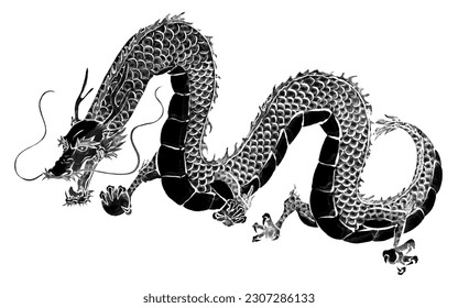 Ink drawing of a black dragon for New Year's cards for the year of the dragon, 2024, Vector Illustration