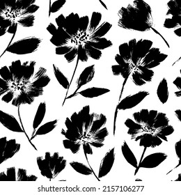 Ink drawing black flowers seamless pattern. Hand drawn monochrome background with summer flowers. Black and white artistic botanical elements. Roses, peonies and chrysanthemums vector silhouettes