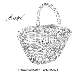 Ink drawing black line Easter basket for eggs. Spring celebration. Easter holiday scenes wicker basket. Picnic element. 