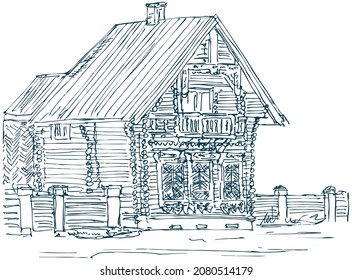 Ink drawing the blue wooden house Pogodinskaya Izba. The hut was built in 1856 by Mikhail Pogodin. A high log house with two floors, decorated with patterned sawn carving. Moscow, Russia