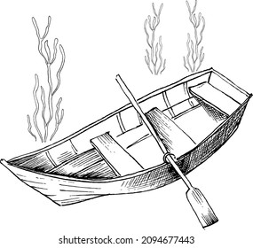 Ink drawing of boat with oar and seaweeds. The boat and the seaweeds are in different layers. Vector illustration in vintage style.