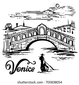 Ink drawing of The Bridge of Rialto, Venezia, Italy - vector sketch illustration Venice