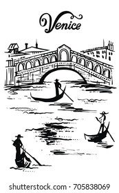 Ink drawing of The Bridge of Rialto, Venezia, Italy - vector sketch illustration Venice