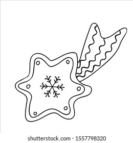 Ink drawing in cartoon style with Christmas star. Isolated vector object on white background. New Year elements design  poster, greeting card, textile, banner, wrapping, print, coloring book.