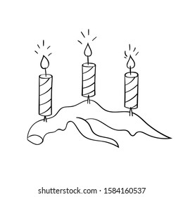 Ink drawing in cartoon style with Christmas candles on a branch.  Isolated vector object on white background. New Year element design  poster, greeting card,  invitation, print, coloring book