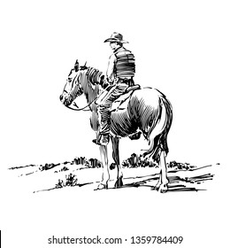 Ink Drawing Of Cowboy On Horse.
