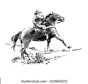 Ink drawing of cowboy riding horse.