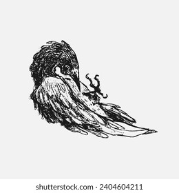 ink drawing with a crow or raven