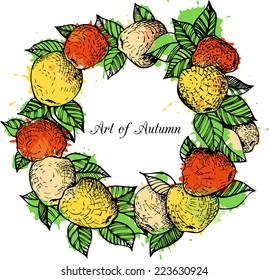 ink drawing decorative wreath with  apples and leaves colored by spots, hand drawn vector illustration